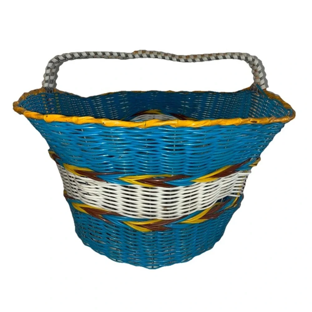 Basket‎ Wire Frame Vinyl Blue Native Southwest Woven MCM 14x12x11